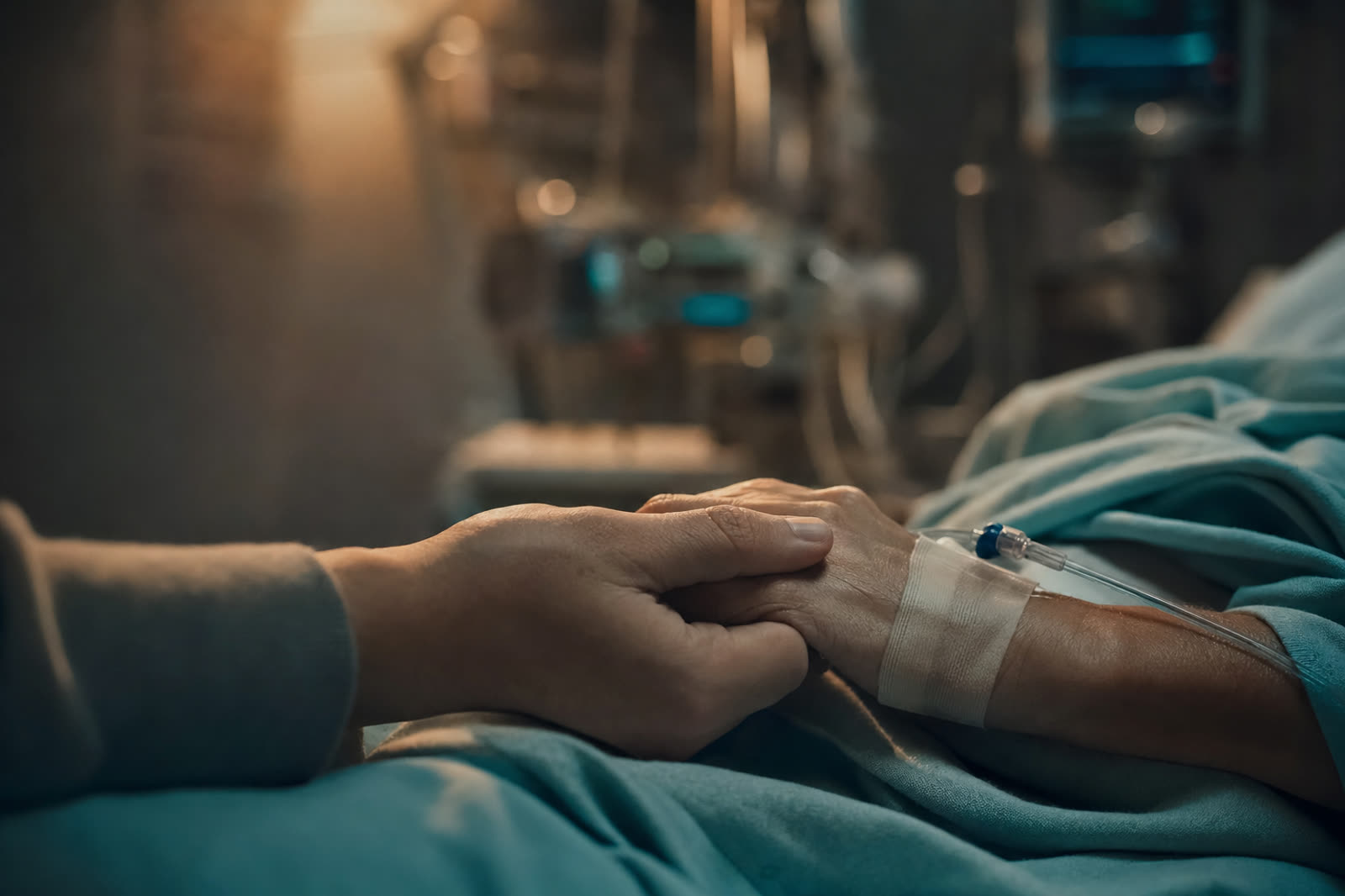 A loved one's hand gently holding the hand of a patient in an ICU bed, with soft warm light and medical equipment blurred in the background.
